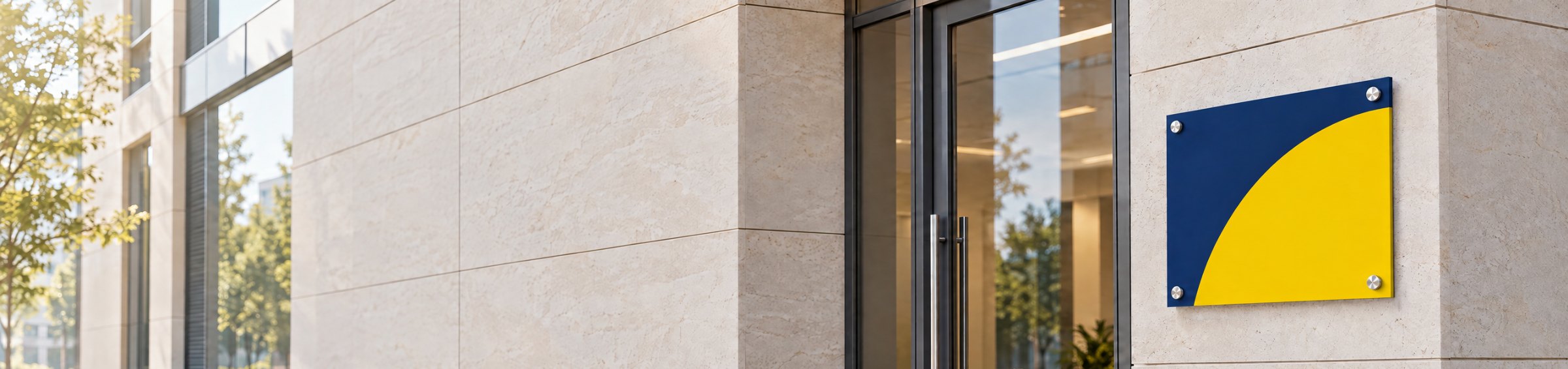 Aluminiumschild mit Abstandshaltern an einer Bürofassade