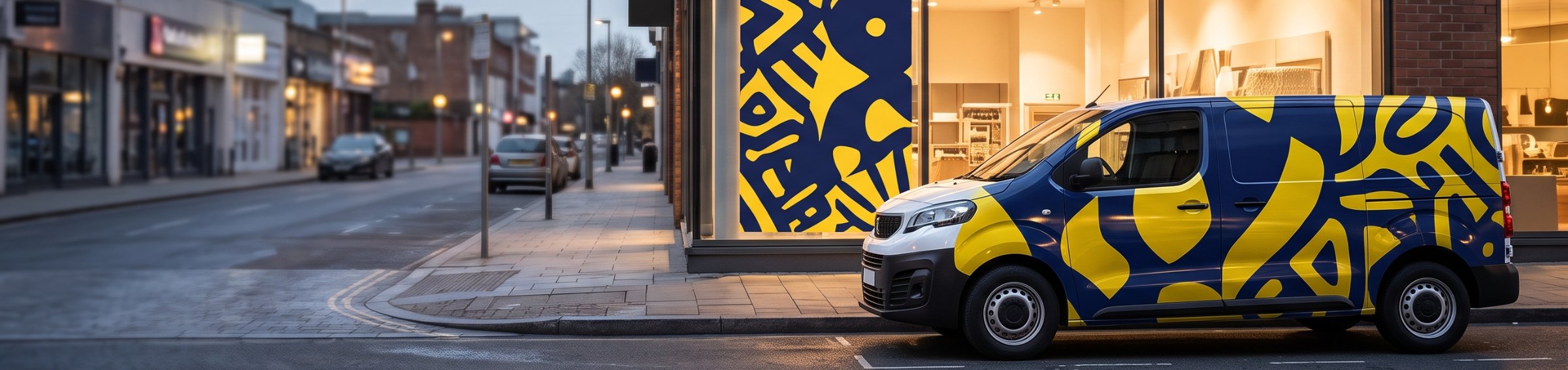 Schaufenster mit bedruckter Fensterfolie und Fahrzeugbeschriftung