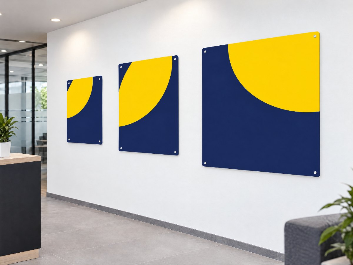 Aluminiumschilder in DIN-Formaten an einer Wand
